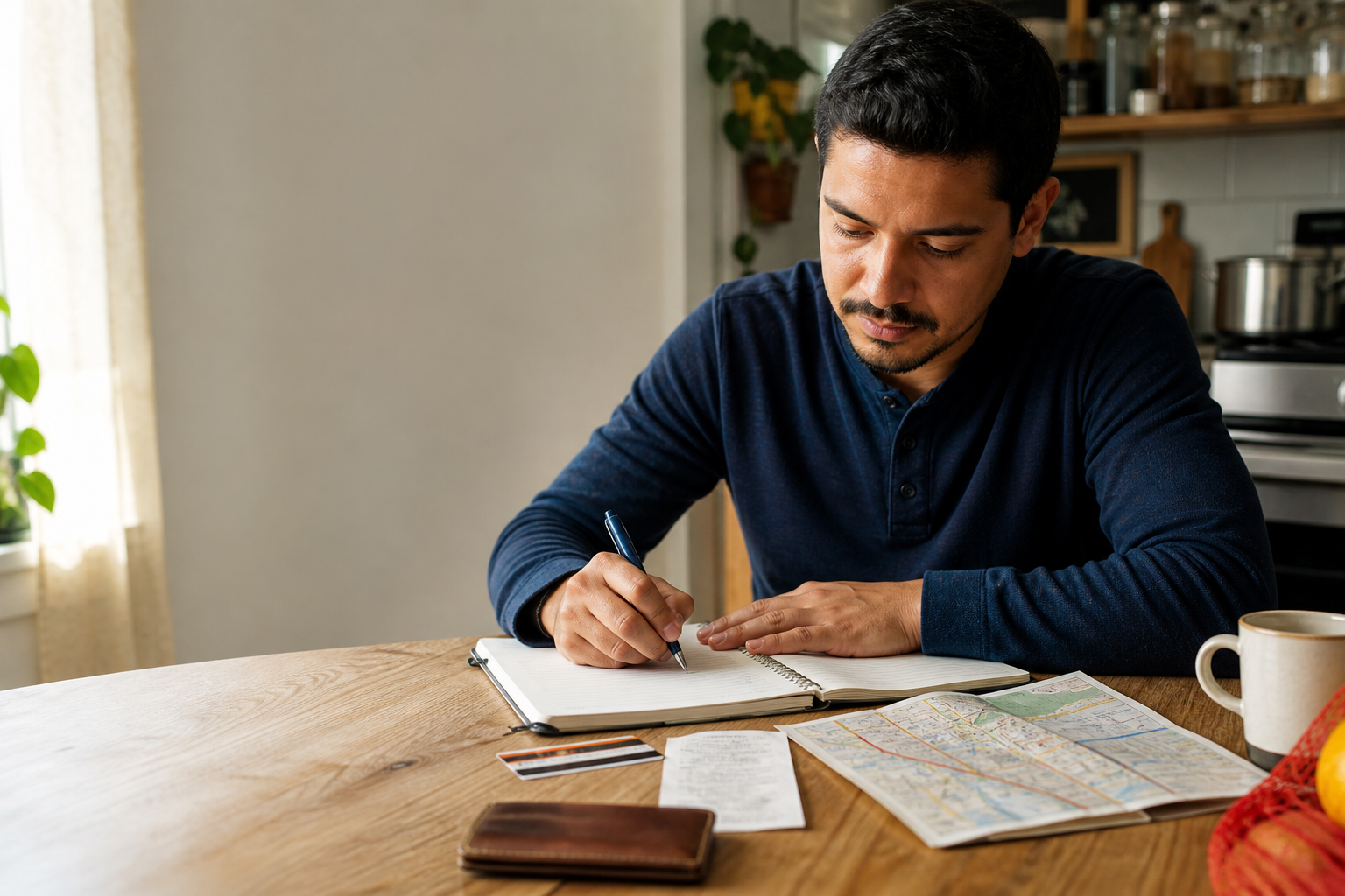 Adulto practicando inglés con un cuaderno y un mapa